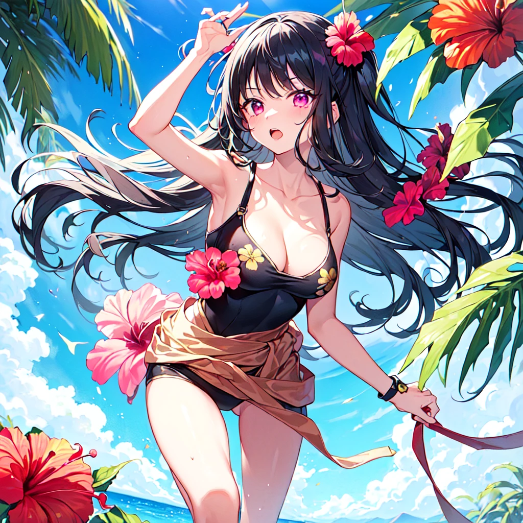 masterpiece, best quality, high quality, extremely detailed, very delicate and beautiful, (1 female 18 years old solo:1.5), (long black hair up to waist with two side up:1.5), bangs to eyebrows, eyes (eyes sharp, strong glossy glossy eyes, eyebrows glossy, (eye color magenta:1.3), 6.5 head height, (one piece with hibiscus print:1.3), (running), (dynamic pose), (background tropical and hibiscus:1.3), (blue sky:1.3)