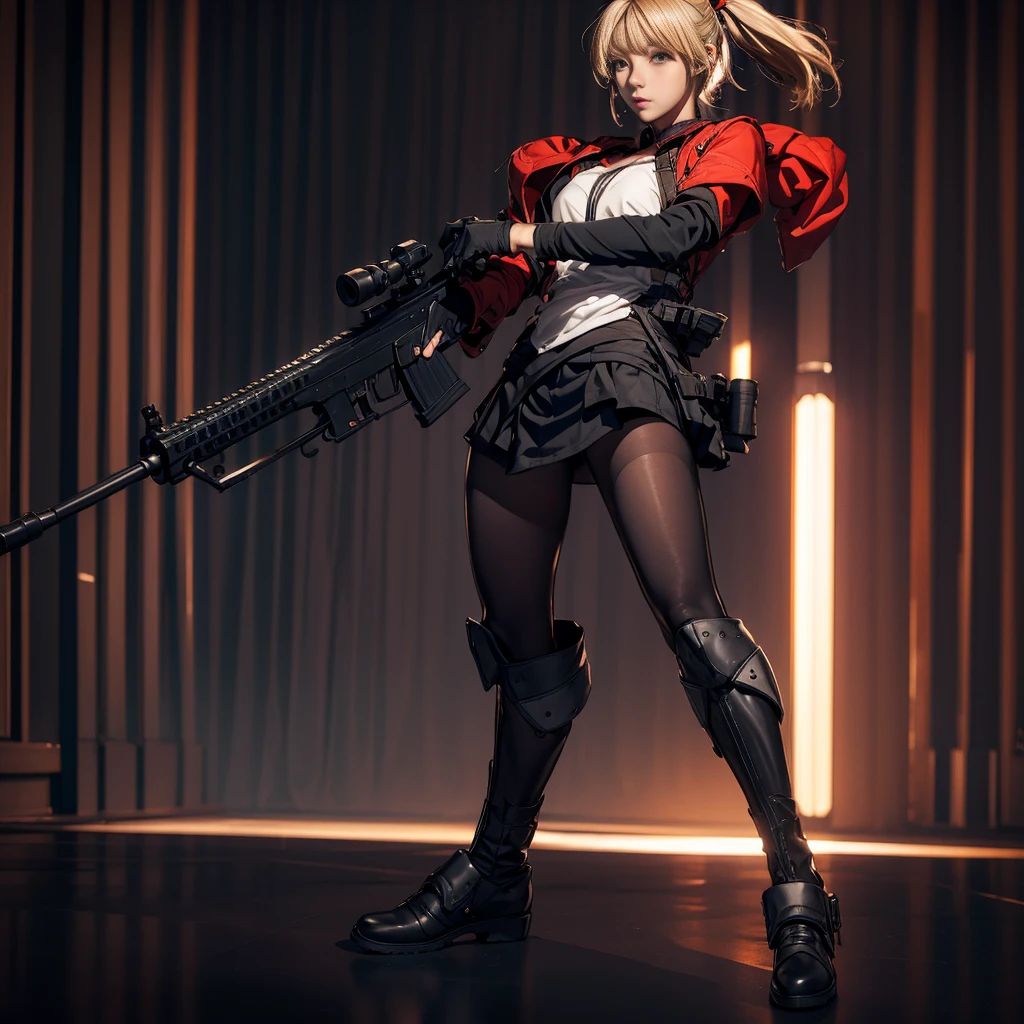 Elaizaikedareal, 1girl, solo, short hair, skirt, blonde hair, red eyes, gloves, ponytail, weapon, pantyhose, hairband, boots, holding weapon, gun, black pantyhose, rifle, one knee, sniper rifle, scope, shell casing