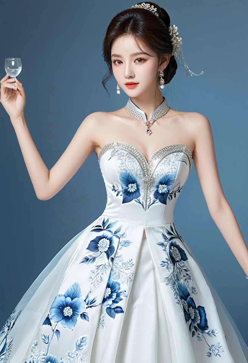 Realistic photo style, whole body 사진에 아름다운 아시아 소녀가 등장합니다., Wearing a unique ethnic style evening gown with delicate skin., bright and lively eyes, Thick eyelashes that look especially attractive. Long dresses are slim and elegant., Eye-catching silver jewelry and alcohol. The high-collar design adds an elegant atmosphere., Color of blue and white porcelain. using light and shadow, The vivid and harmonious appearance of the protagonist is highlighted... whole body, (masterpiece, best quality, professional, perfect composition, very aesthetic, absurd, very detailed, intricate details:1.3)