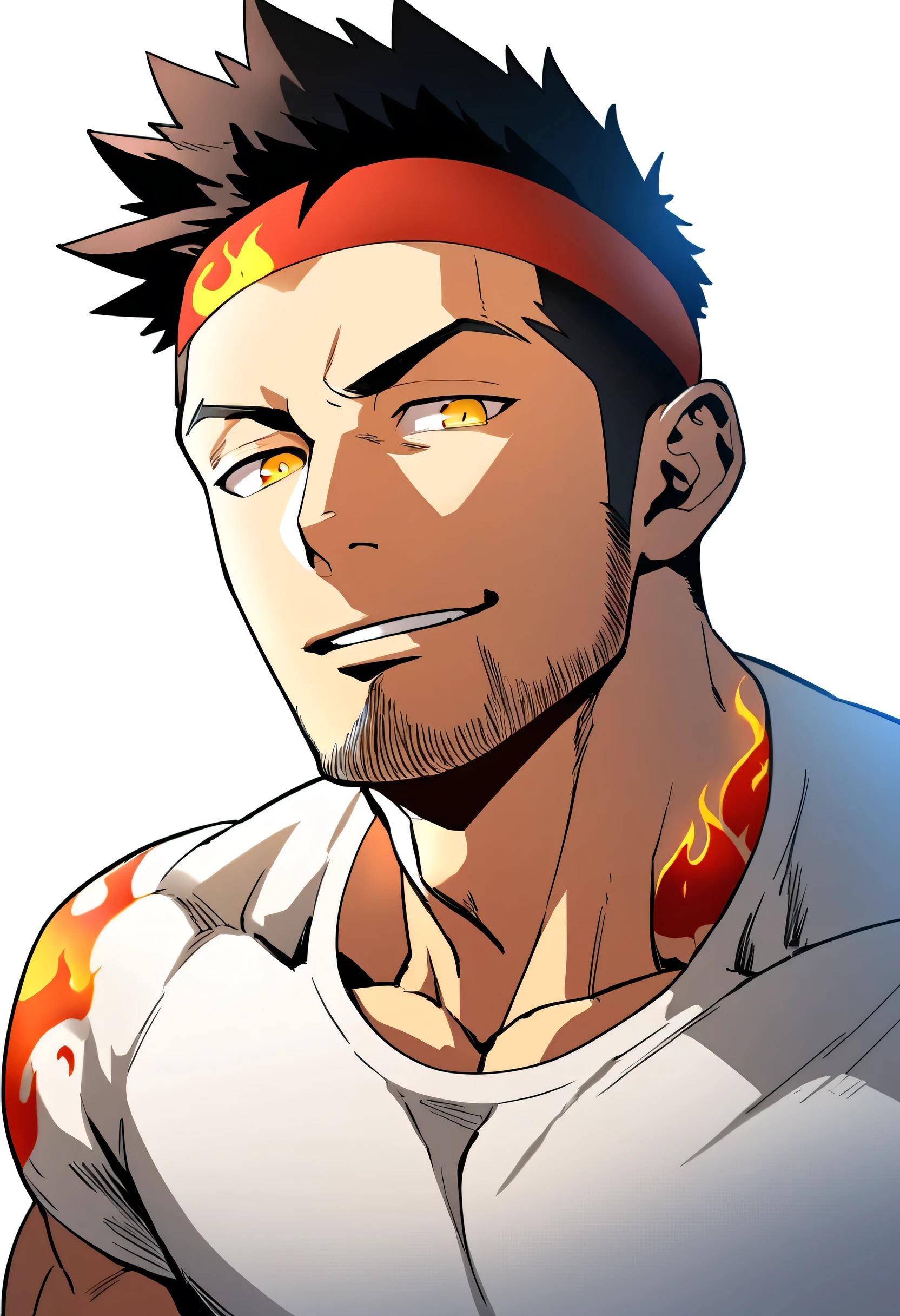 anime characters：Gyee, priapus, 1 young muscular man, male focus, Flame tattoo, sports Red headband, Creamy white spandex tight T-shirt, muscular male, muscular, only, Upper body, alone, Black short hair, stubble, Yellow eyes, White background, simple background, amazing quality, best aesthetics, Ridiculous, bright pupils, crew cut, naughty face, torogao, parted lips, best quality