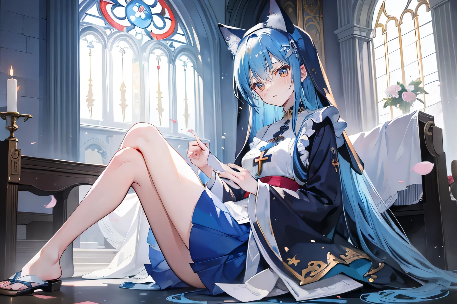 (masterpiece:1.2),Extremely detailed,Practical,expressive eyes,Fair skin,Perfect face shaping,1 Girl,
Japanese cartoons,Gorgeous blue hair, the long flowing blue hair,Floating clothes,Cat ears,Petals fall,beautiful lola,Young Angel,
Place your hands on your waist,sit elegantly on the ground,Cross your legs,Gentle and peaceful background,church,Nun's Clothes,back view,lie on the water,Large Breasts, H Cup, Good breasts, Place your hands on your waist,beautiful, Gorgeous,Japanese cartoons,girl,Lola,Hina Angel, Blue Hair, Blue Haired,Tent breasts, tent box, tent chest, Floating clothes,Grab your waist, Grab your waist, Hands on Hips , hands on hips,sit, sit on ground, Legs on the ground.