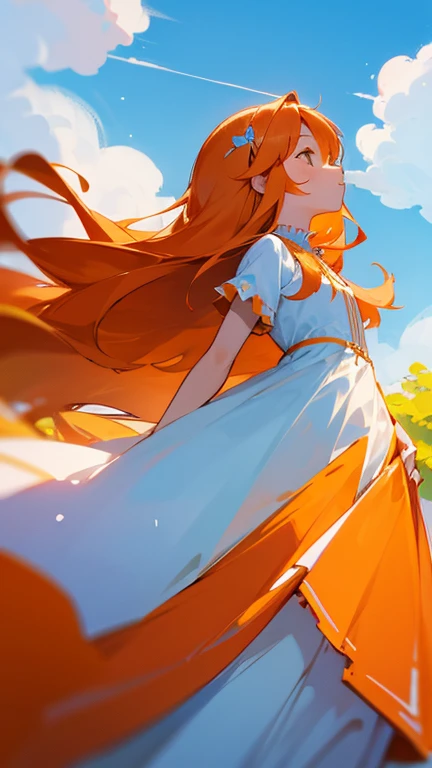 Little、orange long hair、Fluffy dress、blue sky、look up、fine