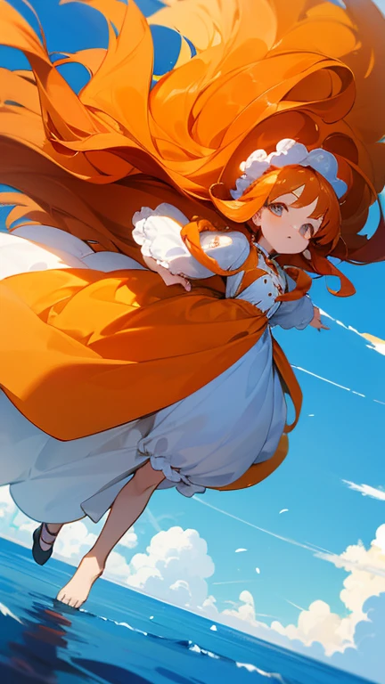 Little、orange long hair、Fluffy dress、blue sky、look up、fine