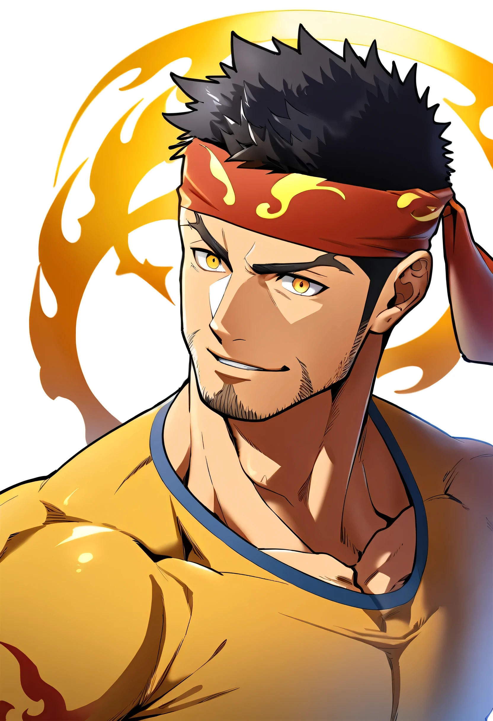 anime characters:Gyee, priapus, 1 young muscular man, male focus, Flame tattoo, sports Red headband, Dark yellow spandex tight T-shirt, Very tight, Slightly transparent, muscular male, muscular, Round, firm and full chest muscles, only, Upper body, alone, Black short hair, Thick eyebrows, stubble, Yellow eyes, White background, simple background, amazing quality, best aesthetics, Ridiculous, bright pupils, crew cut, naughty face, torogao, parted lips, halo, god rays, best quality