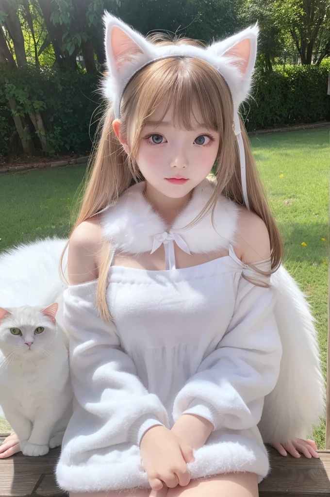 1 person、17-year-old girl、Baby Face、Classmate、whole body、(White cat、Cat ears、Fur costume、White fur、Fluffy costume、Cat&#39;s Tail)、Spread your legs、(I can see your underwear)、Small breasts、(smile、Perfect white teeth)、bangs、Long Hair、(Silver Hair、Crystal clear hair、Smooth Hair:1.5)、The light illuminates my hair、Light Hair、Silky Hair、Shiny Hair、Slim body、RAW Photos, (Highest quality、masterpiece、Realistic photo:1.2)、Dramatic lighting、Bright lighting、Super detailed、Realistic skin texture、Beautiful eyes in every detail、Brown eyes、Antique Clock、Mass watches、Fine stained glass、Colorful stained glass、(Detailed Background、Depth of written boundary:1.2)、