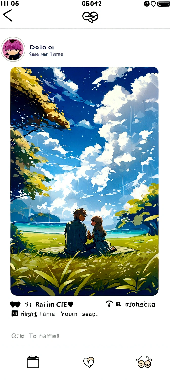 A raining time one boy and girl sitting sea side