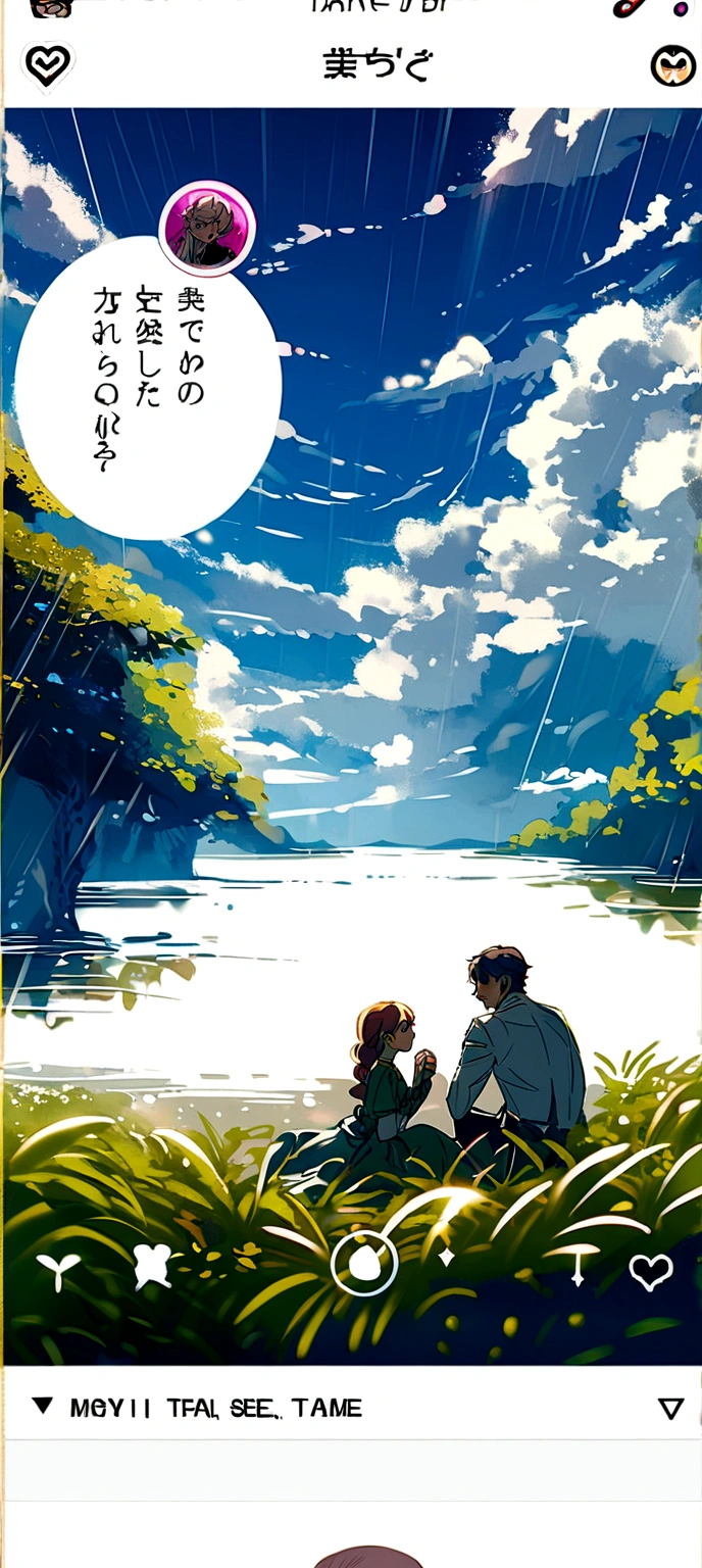 A raining time one boy and girl sitting sea side
