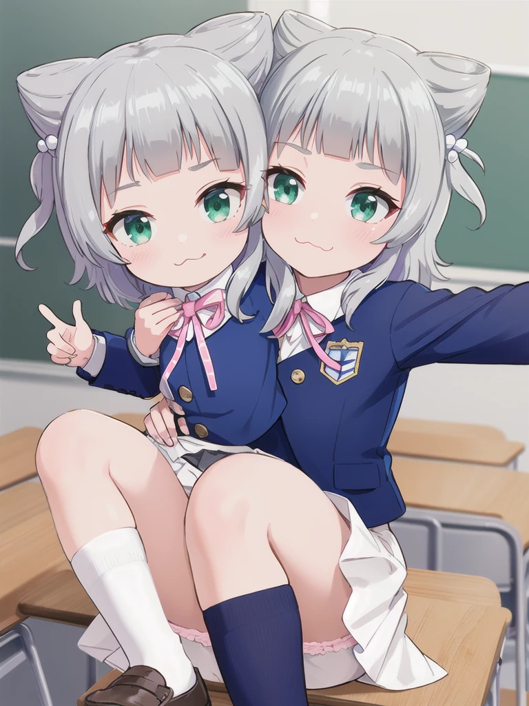Highest quality,masterpiece,2person,{{{hetero}}},indoor,((classroom)),1girl,Green Eyes, Grey Hair, hair ornaments, bangs, Virtual YouTuber, blunt bangs, Double Bang, Animal ears, Flat Chest,uniform,Navy Blue Blazer,White shirt,Pink ribbon,Grey Skirt,Pink Panties,White long socks,Black low heels, :3,Piggyback ride,{{{{1boy,Put your face in the skirt,Men are down,Woman on top}}}}