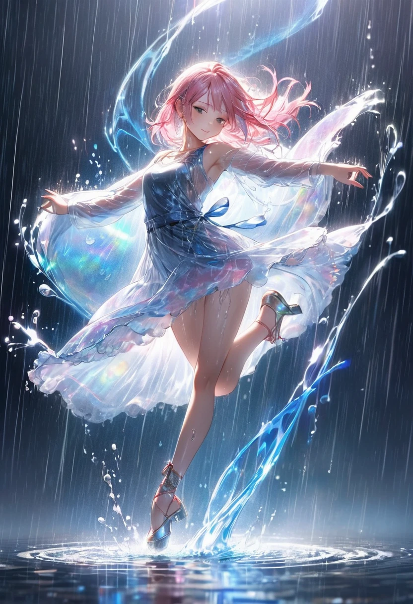 ( Perfect Anatomy ) beautifully、 pink haired girl in the rain with very delicate texture、beautifully完璧な顔 (Holographic Fabric) Full body photo of a woman dancing on water, Wet Hair, Dancing in the spinning spray。Swirling splashes of blue light splashing,In the rain、Soft and smooth,A number of brilliant pastel masterpieces々, Fantasy and magical concept art with highly detailed lighting effects,Feel the magic and power of nature through dance,Dramatic lighting, Highly detailed HD cinematic close-up water magic fantasy gorgeous digital art