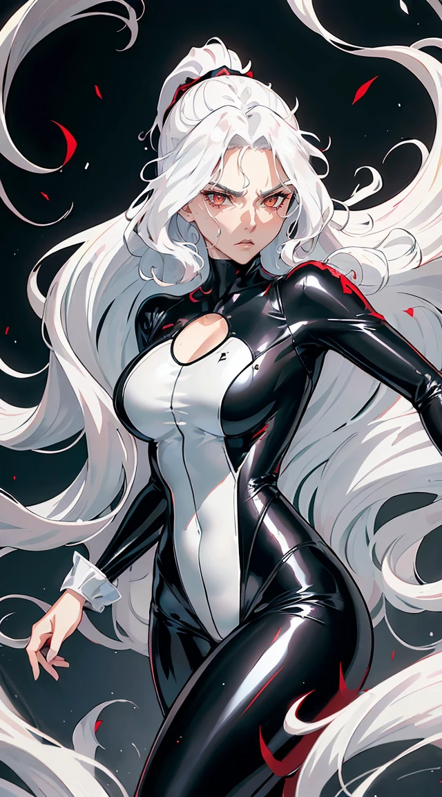 handsome older WOMAN,crimson-eyes,crimson pupils,Long white hair,Hyperresolution,accuracy,Detailed rendering,(Subtle facial image)(Image of fine hair)(topquality)(Masterpieces of masters)(High degree of completeness)(A sense of atmosphere)tmasterpiece,Super detailed and super detailed(half-body portrait), long wavy white hair, (((tHICK WAVY HAIR)))(((ANKLE LENGTH HAIR))) (((Sakimichan))) (((white hair))) (((Latex black fight outfit))) (((Hair in ponytail))) (((fierce expression))) (((skinny))) (((Latex black fight suit)))