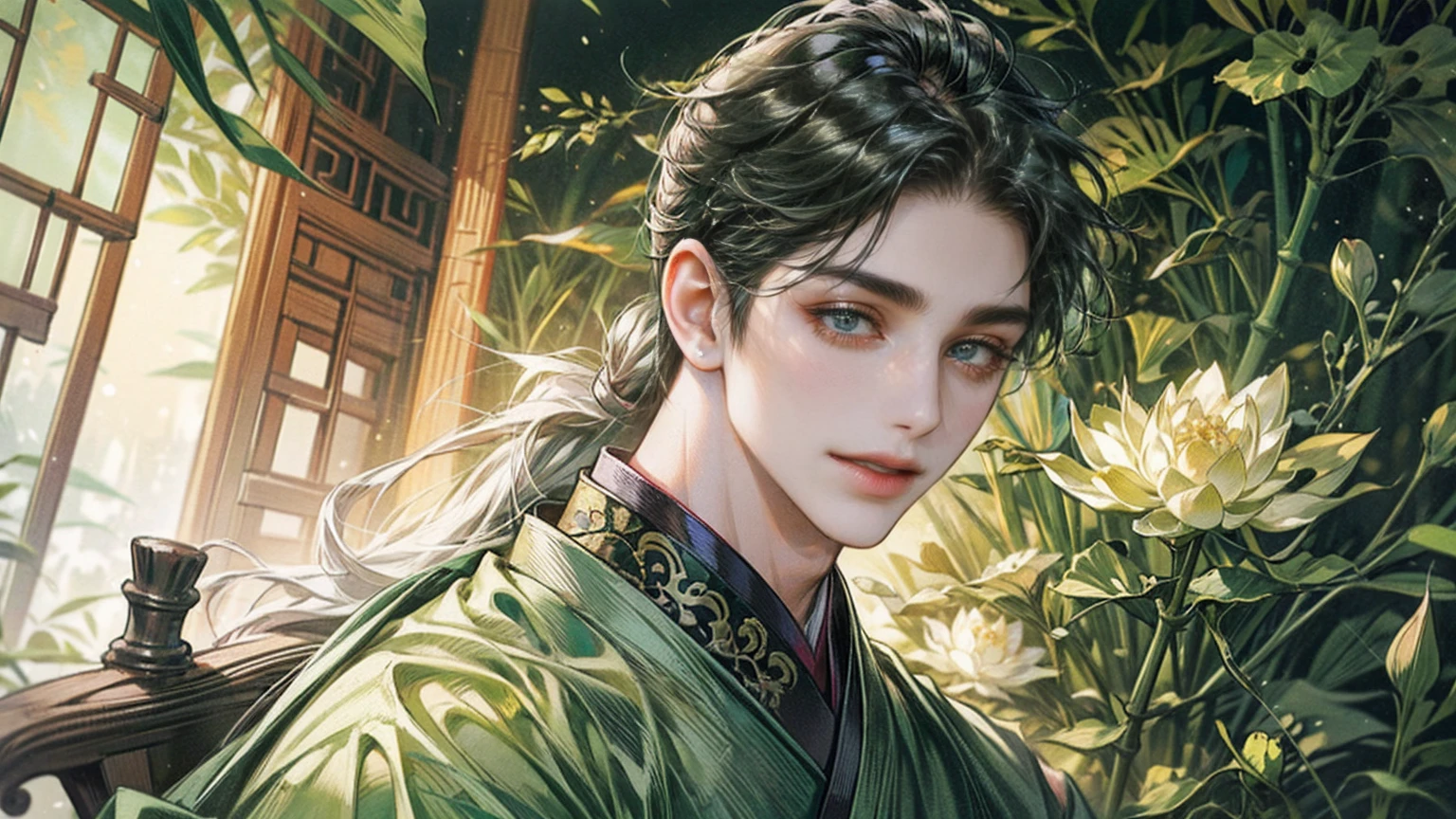 xianxia, (((best quality))),masterpiece,ultra high resolution,extraordinarily beautiful youth, a bright, villains smile,All green clothing,((boy 24 year old, green hanfu,green clothing, Chinese shirt style)) ,boy character ,((Thick black long hair)),beautiful face,detailed interior, detailed boy,((man)),(in bamboo forest), house China style, pure white lotus,beautiful and cute boy ,black eyes,((solo man)),(he has a Big eyes, charming lips, slim nose and small face),(slim figures ),ponytail and 冠, Hiogi fan,Japanese fan ,very long hair, thick hair, black hair ,eyes detailed,pony tails,