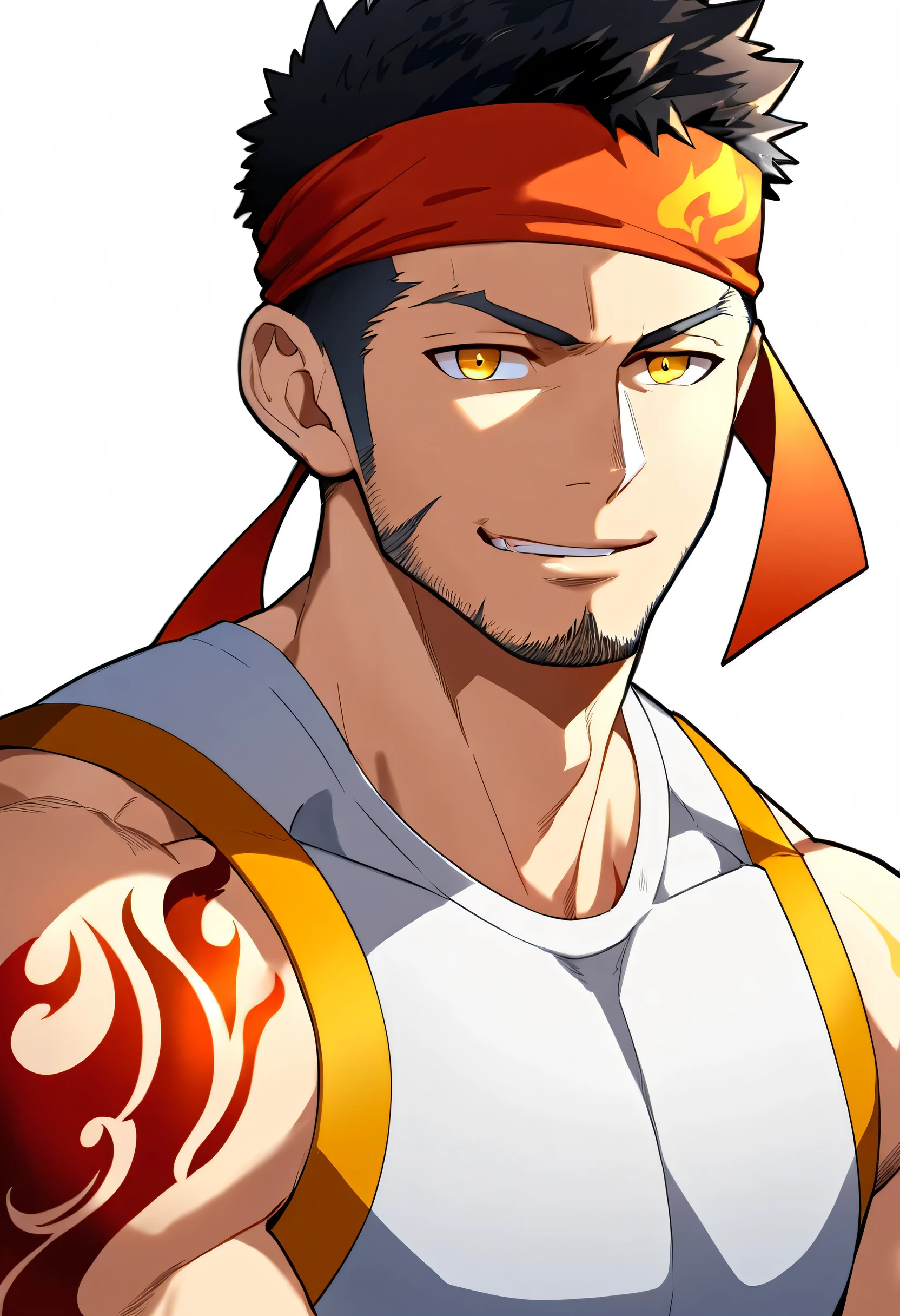 anime characters:Gyee, priapus, ung muscular man, male focus, Flame tattoo, sports Red headband, Creamy white spandex tight T-shirt, muscular male, muscular, only, Upper body, alone, Black short hair, stubble, Yellow eyes, White background, simple background, amazing quality, best aesthetics, Ridiculous, bright pupils, crew cut, naughty face, torogao, parted lips, best quality