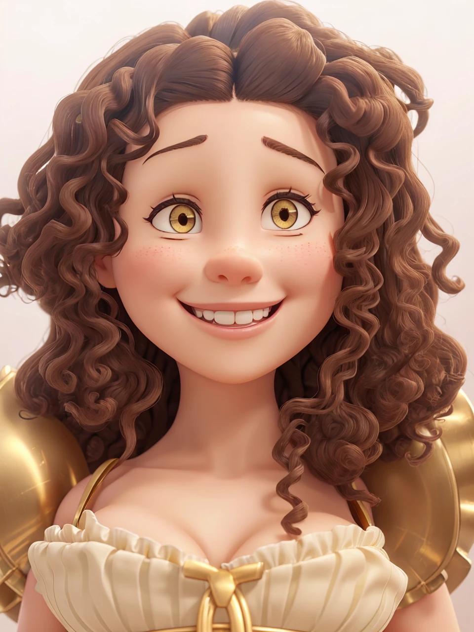 with big, curly hair in a corset, wearing a golden crown, smiling at the camera, her eyes are dark brown