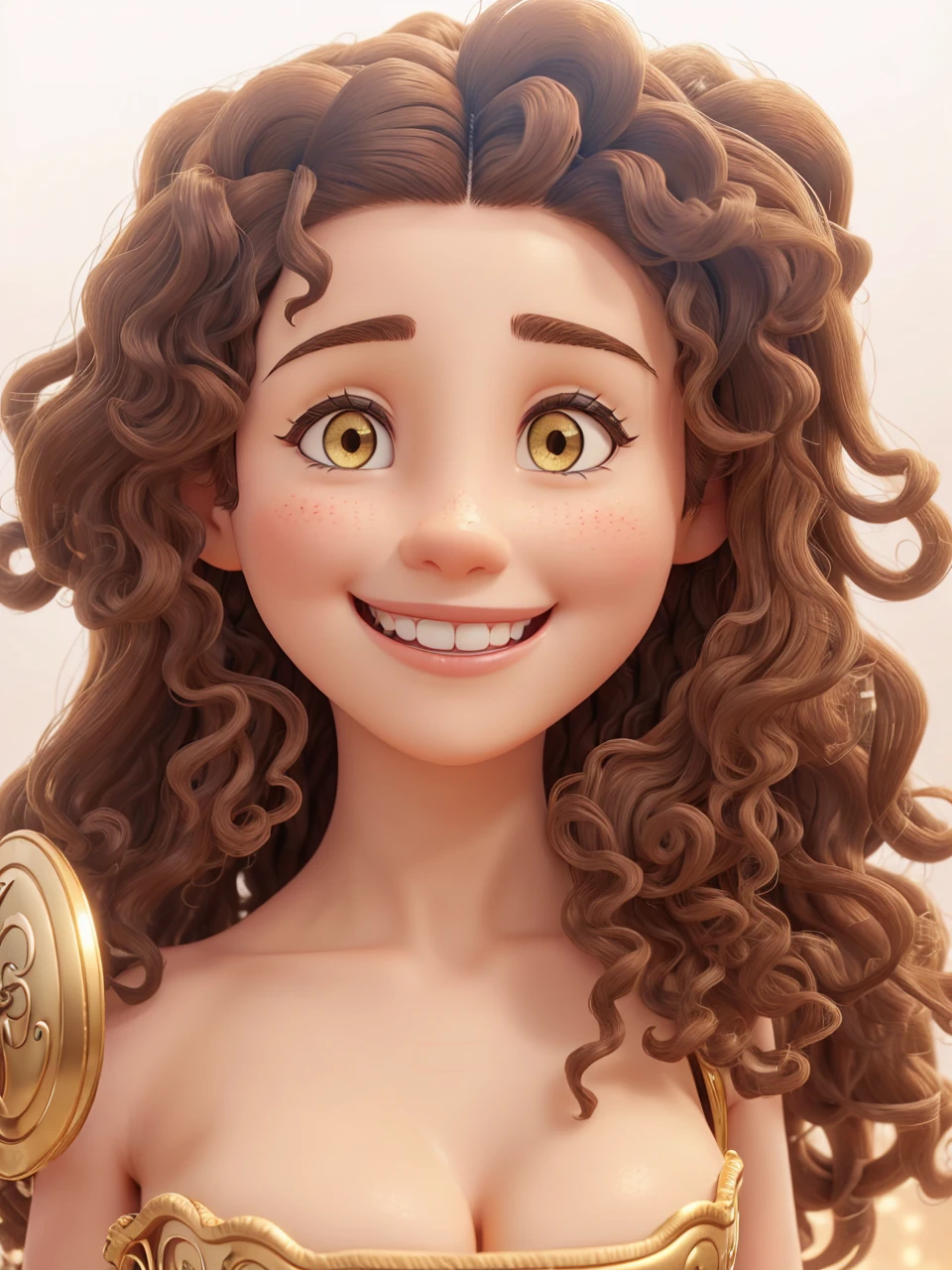 with big, curly hair in a corset, wearing a golden crown, smiling at the camera, her eyes are dark brown