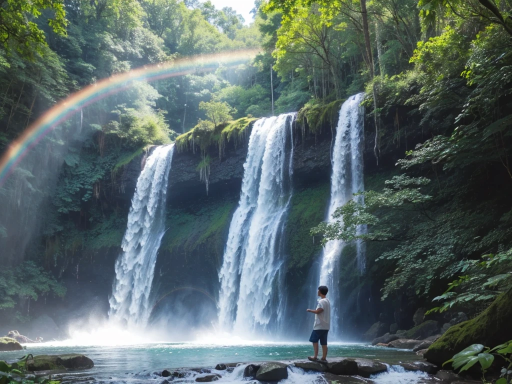 8K, original photo, Fujifilm,a man, Put your hands together, Eyes looking forward, Wearing casual clothes, Standing in the forest with waterfall, surrounded by big trees, birds flying, Blue sky and white clouds, There is a rainbow above the waterfall, Beautiful and high-definition picture, The details are very clear, With depth of field, SKW