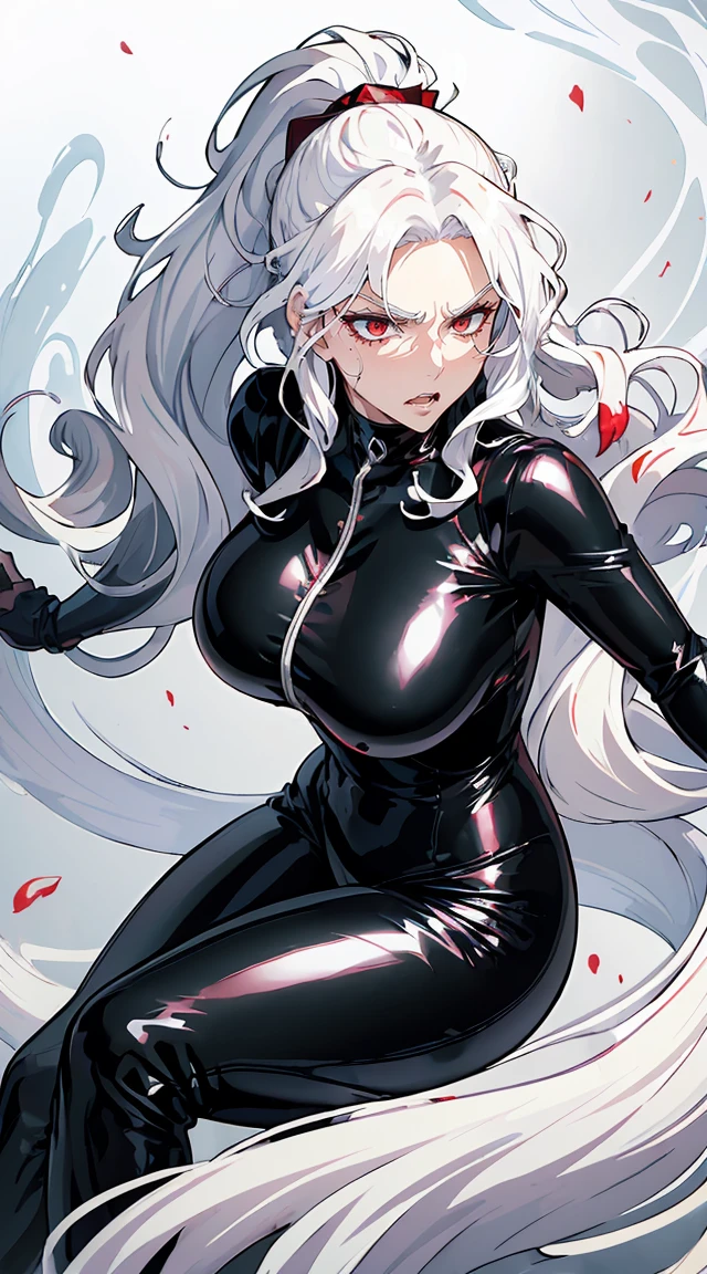 handsome older WOMAN,crimson-eyes,crimson pupils,Long white hair,Hyperresolution,accuracy,Detailed rendering,(Subtle facial image)(Image of fine hair)(topquality)(Masterpieces of masters)(High degree of completeness)(A sense of atmosphere)tmasterpiece,Super detailed and super detailed(half-body portrait), long wavy white hair, (((tHICK WAVY HAIR)))(((ANKLE LENGTH HAIR))) (((Sakimichan))) (((white hair))) (((Latex black fight outfit))) (((Hair in ponytail))) ((( expression))) (((skinny))) (((Latex black fight suit)))