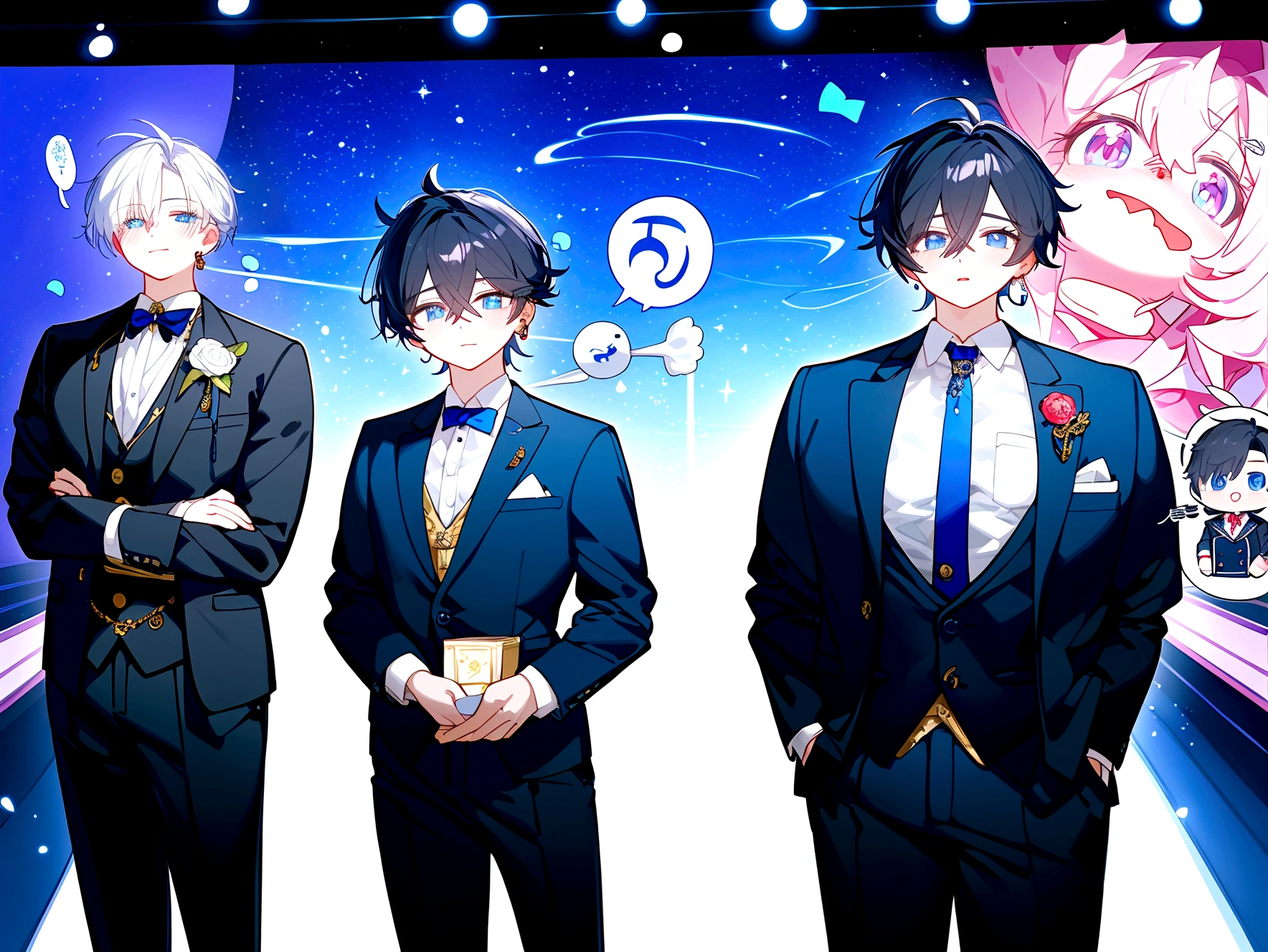 Anime figure in suit and tie standing in front of a stage, pretty anime pose, Big anime guy with blue eyes, Anime moe art style, in a strict suit, He's wearing a suit, Young Anime Man, inspired by Okumura Masanobu, inspired by Okumura Togyu, Anime handsome man, handsome guy in demon slayer art, Treble clef as earring