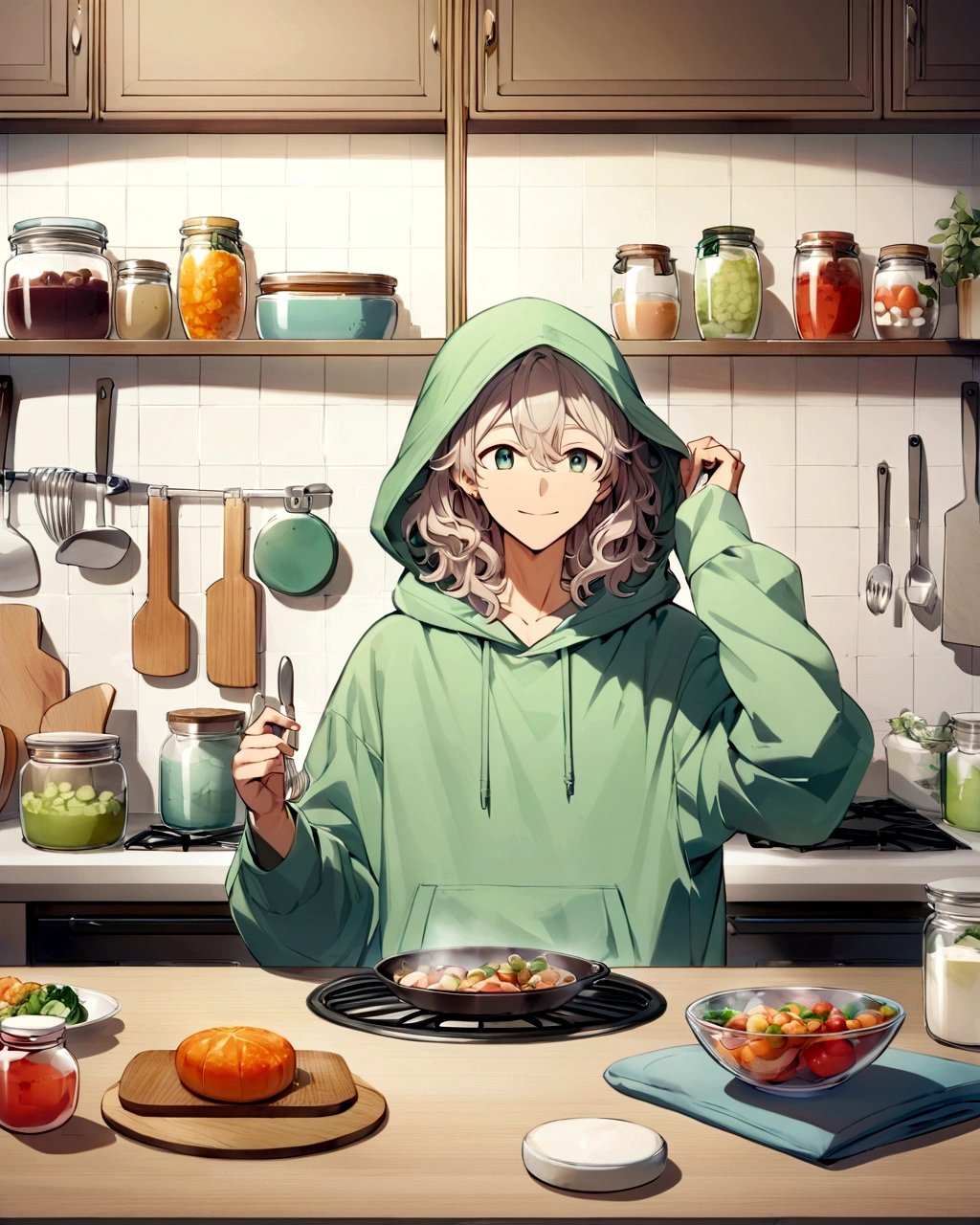 "Create an anime-style illustration of a smiling boy standing in a kitchen. The boy has short wavy hair and is wearing an oversized green hoodie with a hood over his head. He is also wearing shorts, which are partially visible beneath the hoodie. The kitchen is modern with light-colored cabinets and countertops, and various kitchen items like jars, utensils, and a stove are visible. The overall color palette should be soft and pastel, with a calm and cozy atmosphere."