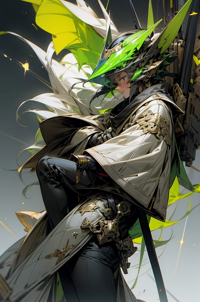 TH30 - Mecha Costume, which designed in style of old knights in Middle Ages. He has a pattern of silver and gold colours on his plates, while also his visors blink with the green lights inside of the helmet. Little holes around the costume produce little tongues of fire around his wrists and legs, ready to burst out for a flight command or a flame attack. He also has a pattern of the little green transparent lines behind his back, representing clothing's familiar to the long thin jackets.
