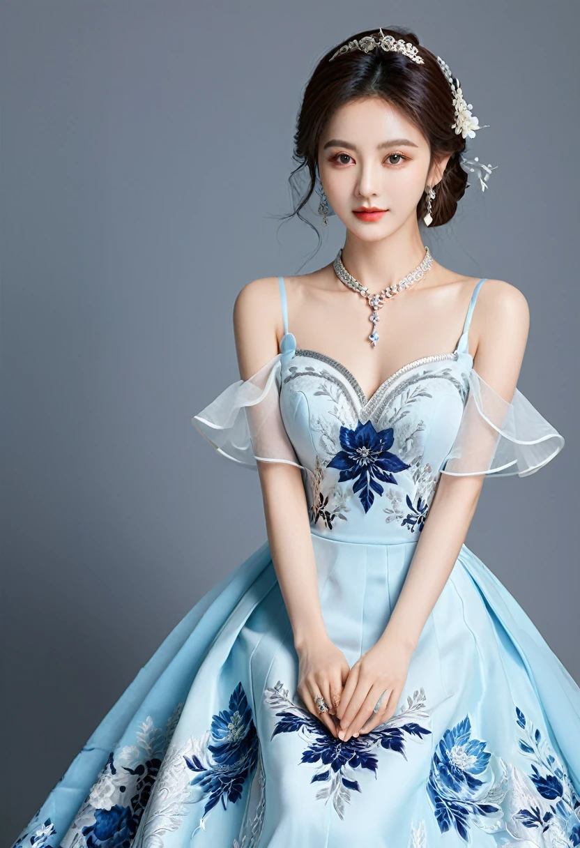 Realistic photo style, whole body 사진에 아름다운 아시아 소녀가 등장합니다., Wearing a unique ethnic style evening gown with delicate skin., bright and lively eyes, Thick eyelashes that look especially attractive. Long dresses are slim and elegant., Eye-catching silver jewelry and alcohol. The high-collar design adds an elegant atmosphere., Color of blue and white porcelain. using light and shadow, The vivid and harmonious appearance of the protagonist is highlighted... whole body, (masterpiece, best quality, professional, perfect composition, very aesthetic, absurd, very detailed, intricate details:1.3)