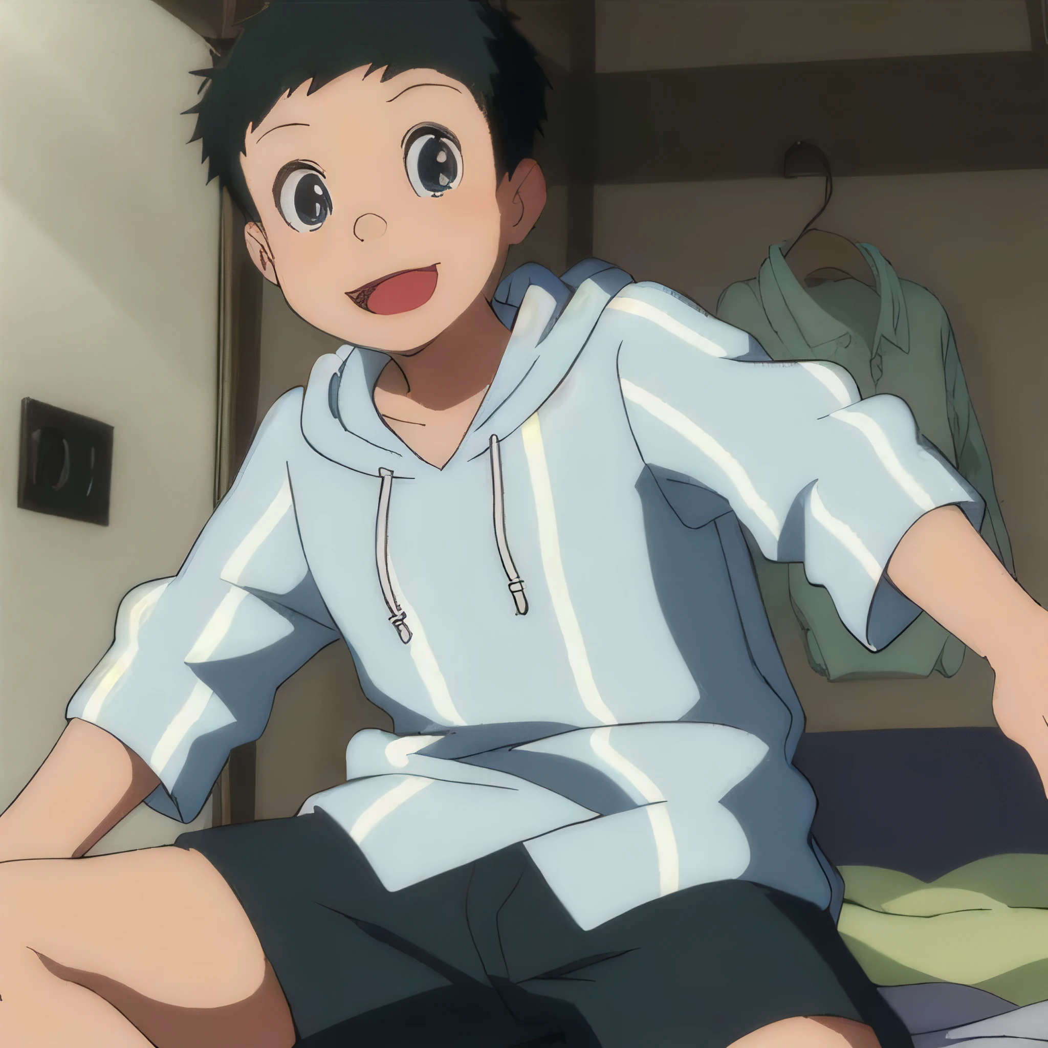 masterpiece,high quality,solo,
looking at viewer,smile,open mouth,
kangofu,1boy,
Hoodie,shorts,city,