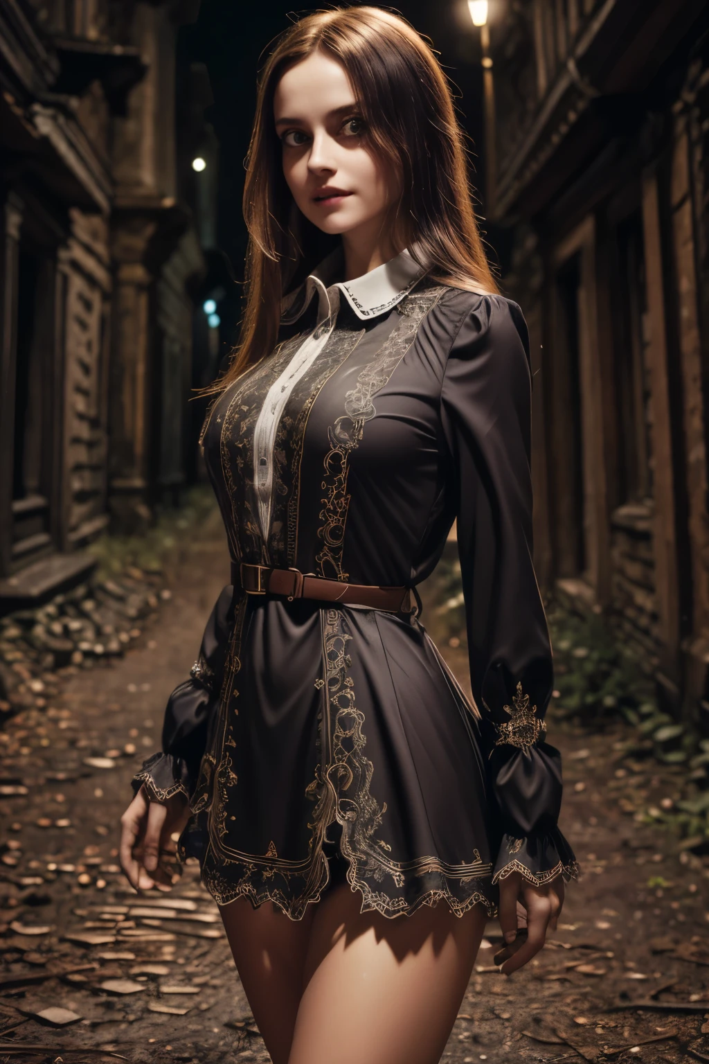 (Super detailed,ultra high resolution,detailed background)),ancient city,dark forest at night,spooky,Chill,Inspiration,1 girl,wearing a minidress、Wearing a white collared long-sleeved blouse、