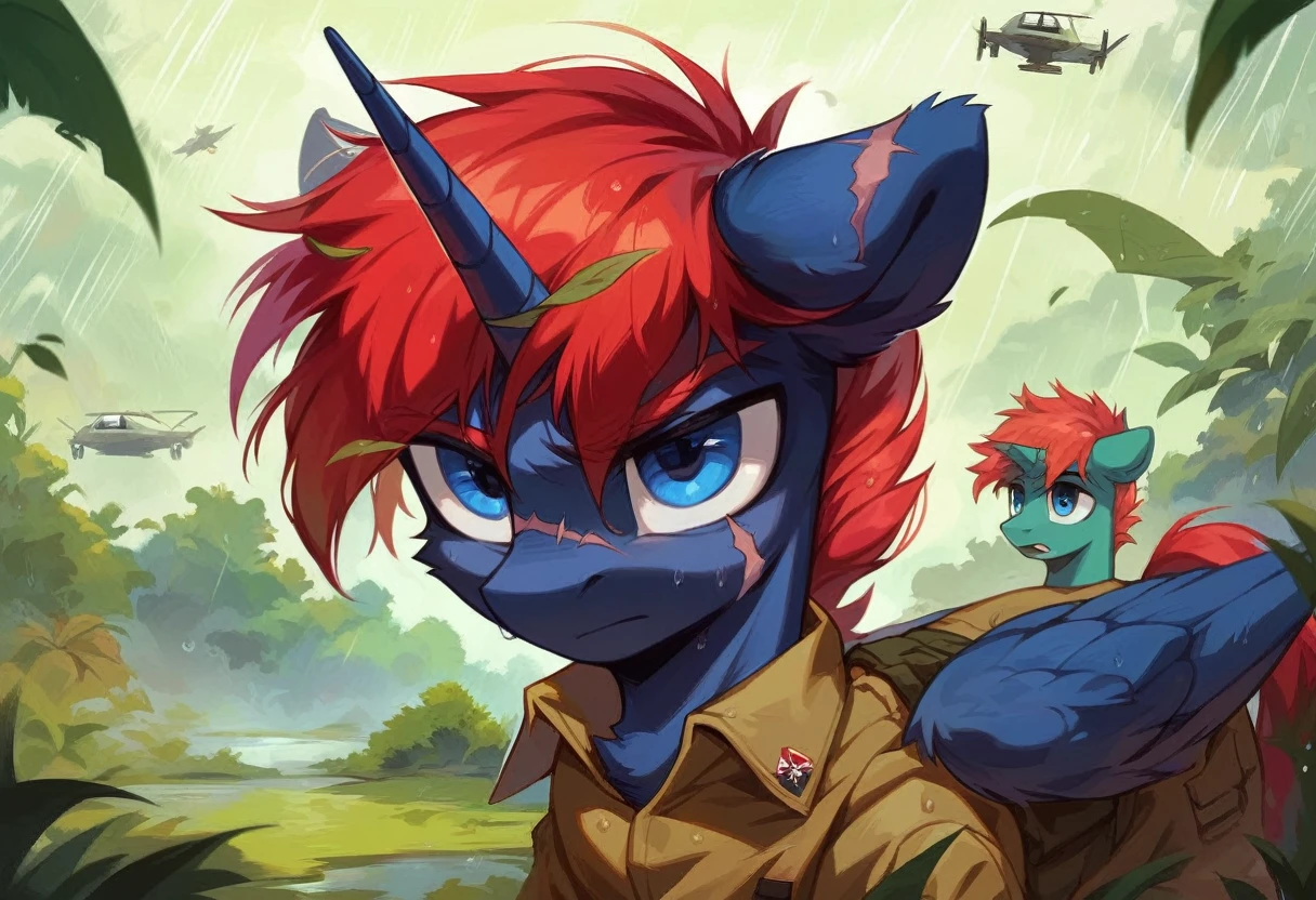 Male alicorn pony, black fur, long red hair, deep blue eyes, red feathers on wings, scar over left eye, red striping, vietnam-era helicopter pilot uniform, boonie hat, in a swamp, explosion in background, raining, wet hair, thousand-yard stare, close-up portrait 