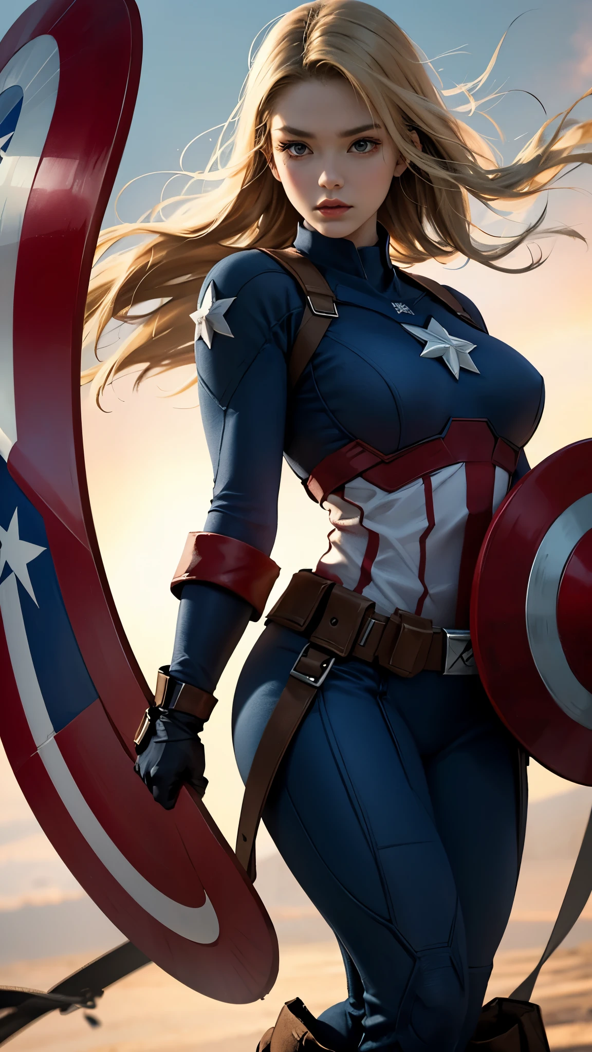 captain America、blue、woman、22 years old、woman体型、Large Breasts、Blonde、Hold your shield、Upper Body