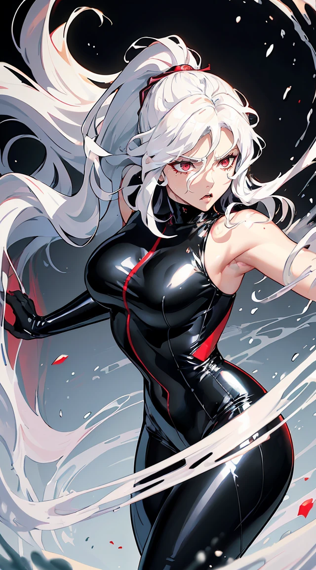handsome older WOMAN,crimson-eyes,crimson pupils,Long white hair,Hyperresolution,accuracy,Detailed rendering,(Subtle facial image)(Image of fine hair)(topquality)(Masterpieces of masters)(High degree of completeness)(A sense of atmosphere)tmasterpiece,Super detailed and super detailed(half-body portrait), long wavy white hair, (((tHICK WAVY HAIR)))(((ANKLE LENGTH HAIR))) (((Sakimichan))) (((white hair))) (((Latex black fight outfit))) (((Hair in ponytail))) (((fierce expression))) (((skinny))) (((Latex black fight suit)))