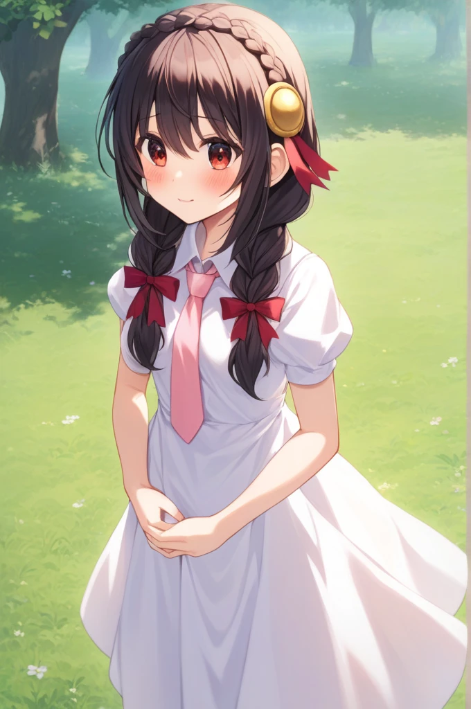 alone, One girl、Crown braids in the same color as your hair, hair ornaments, Hair Ribbon, Pink tie, (White dress), picnic、Red Eyes、Black Hair、Pleasant face、(blush:1.2)、Standing、Side view、The hem of the dress flutters in the wind