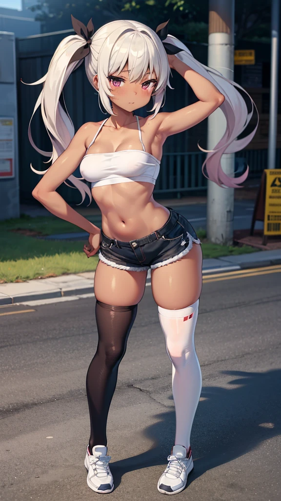 masterpiece, best quality, ultra detailed, 1girl, dark skin, twin tails, thighhighs, (micro short shorts), tube top, full body, street, medium breasts, armpit,