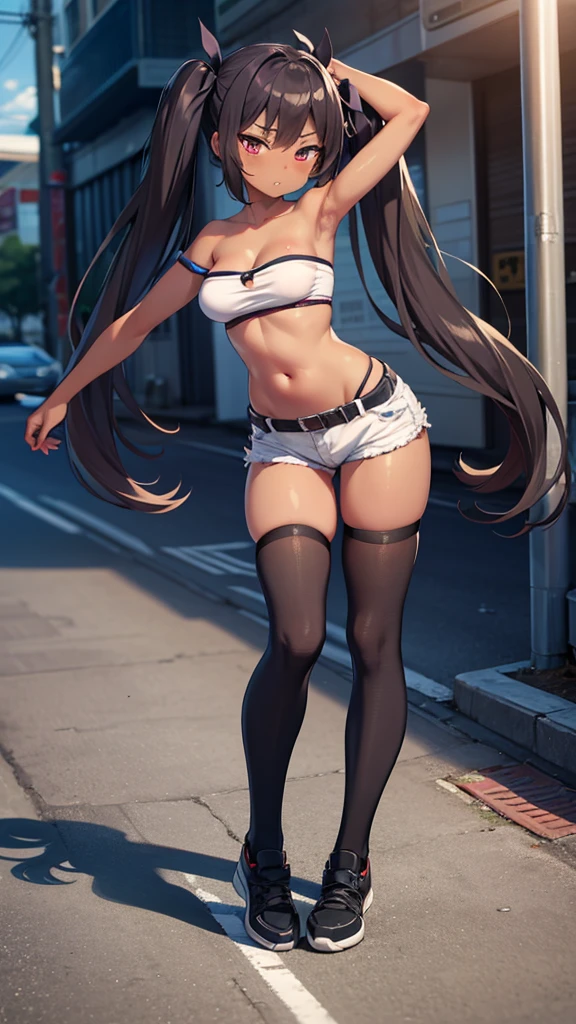 masterpiece, best quality, ultra detailed, 1girl, dark skin, twin tails, thighhighs, (micro short shorts), tube top, full body, street, medium breasts, armpit, 