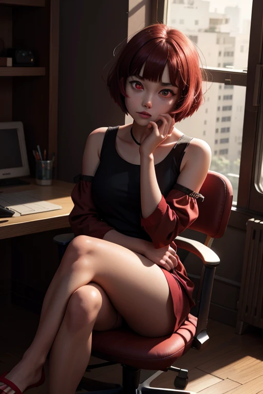 1girl, solo, onk_arima,(red eyes:1.2), sitting on a chair, crossed legs, aonfused, looking at viewer, (full body:1.1), 
(highly detailed hands eyes and face:1.2)