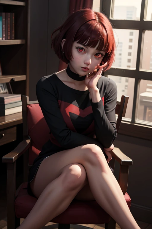 1girl, solo, onk_arima,(red eyes:1.2), sitting on a chair, crossed legs, aonfused, looking at viewer, (full body:1.1), 
(highly detailed hands eyes and face:1.2)