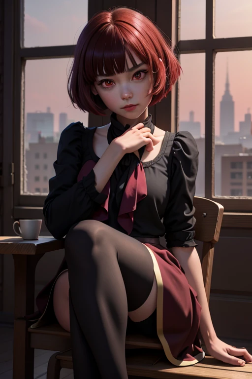 1girl, solo, onk_arima,(red eyes:1.2), sitting on a chair, crossed legs, aonfused, looking at viewer, (full body:1.1), 
(highly detailed hands eyes and face:1.2)