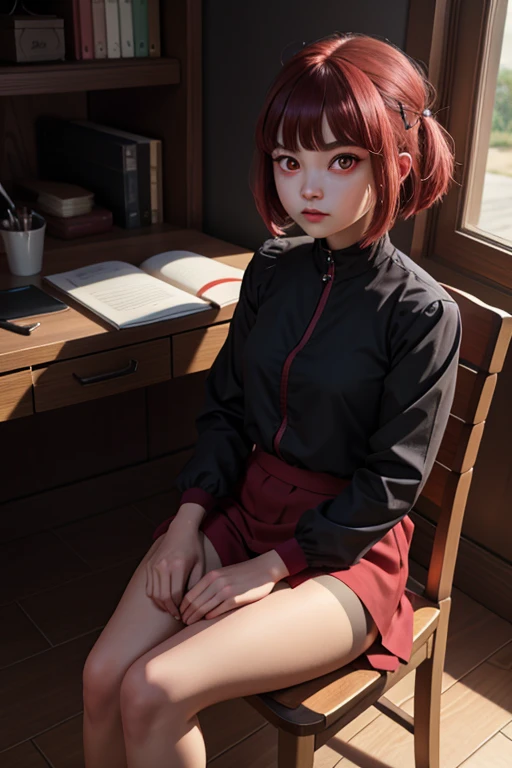 1girl, solo, onk_arima,(red eyes:1.2), sitting on a chair, crossed legs, aonfused, looking at viewer, (full body:1.1), 
(highly detailed hands eyes and face:1.2)