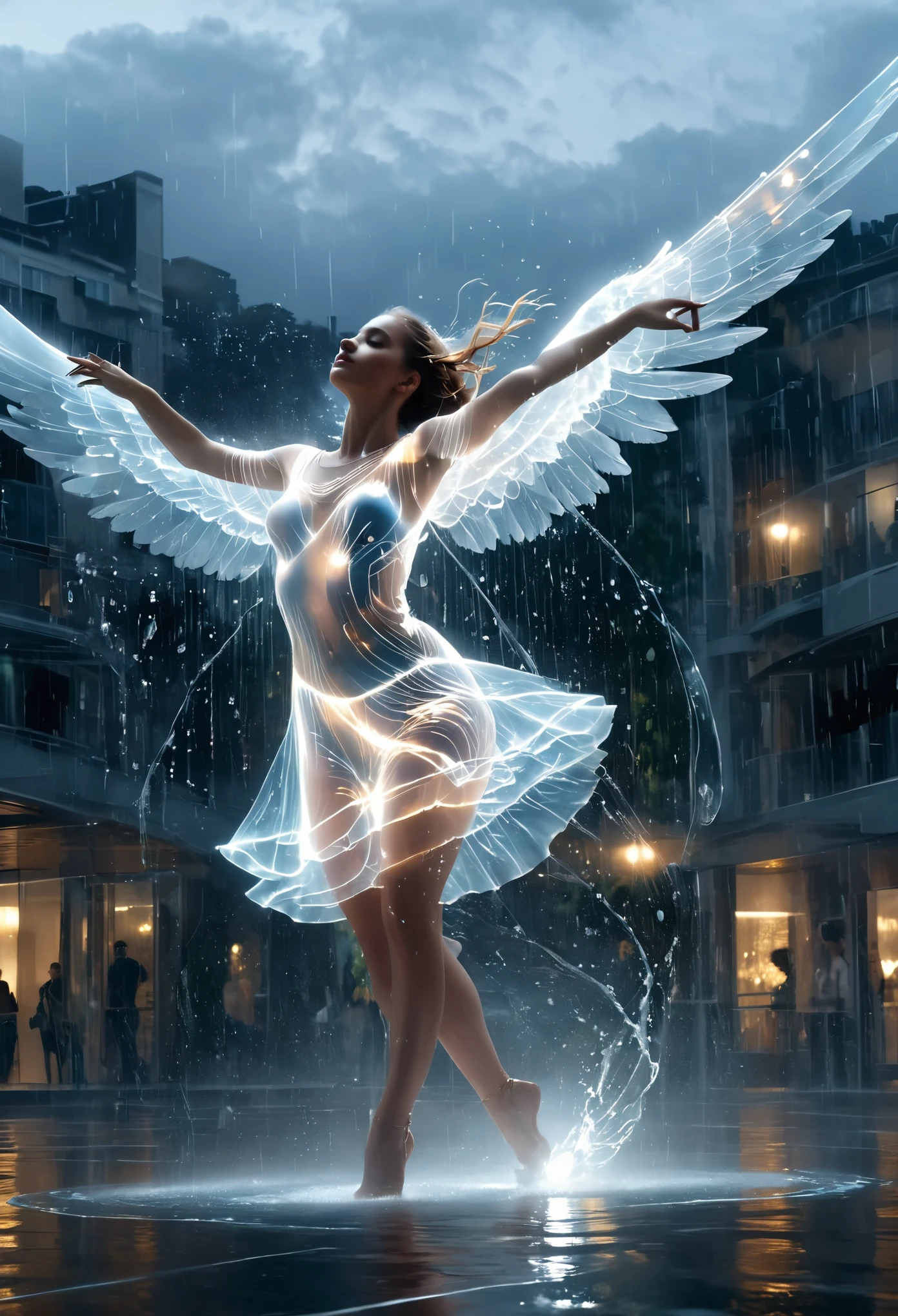 Une sublime danseuse au corp translucide qui danse sous la pluie dans le ciel, ailes déployés sous la pluie, sans protection, corps translucide fait d’eau de pluie qui coule sur elle, Jour de pluie, un pas de danse, bioluminescent water dress, translucent angel, courbes poétique et sensuelle, effet holographique qui sort de la photo, scène extrêmement détaillée, hyperréaliste, Des détails sublimes. Un travail vraiment remarquable, travail joyeux et sensuel, danse dynamique, danse classique, intricate, poitrine sublime lactating