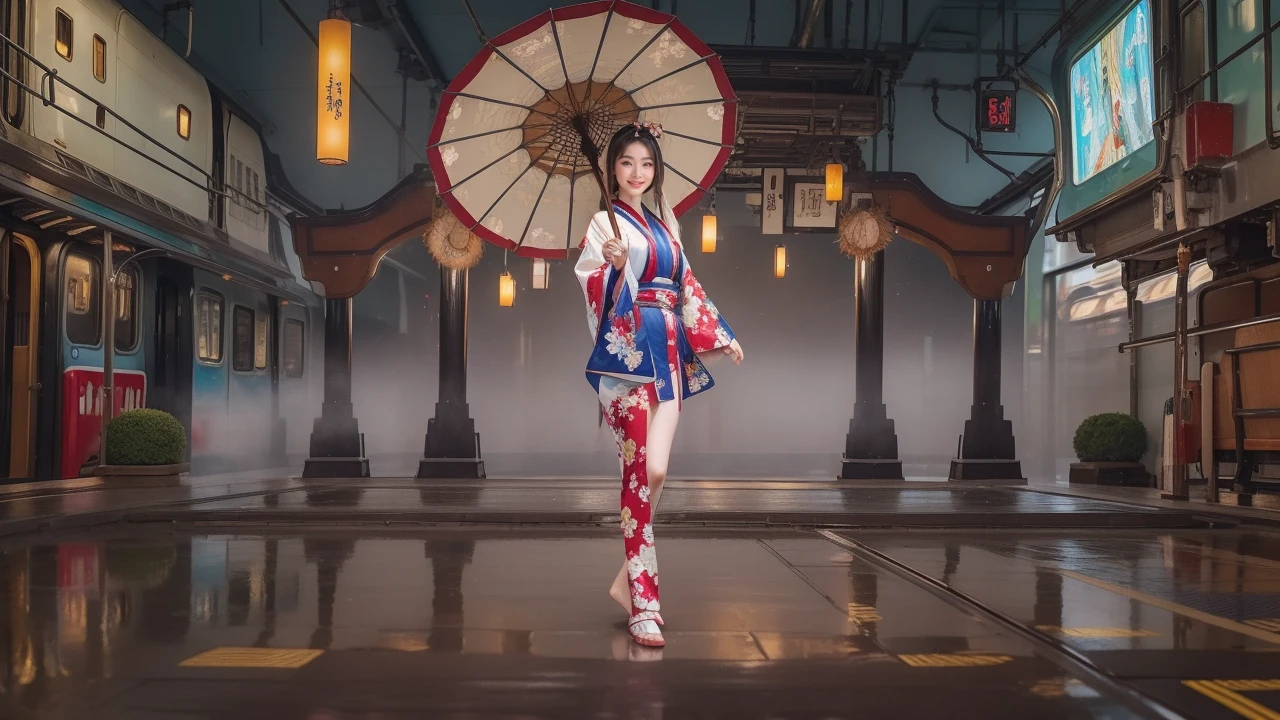 araffe dressed in a kimono, Japanese Goddess, wearing kimono, kimono, Glamorous and sexy geisha, wearing a kimono, wearing kimono armor, japanese kimono, anime girl Cosplay, classic kimono, Organic Enchantress, Cosplay photo, Onmyoji, wearing a light blue silk robe, pale and coloured kimono, Cosplay, gorgeous young , beautiful south , Korean Girls, beautiful young, (Cute Japanese Woman), korean female fashion model, Sexy Looks, Large Breasts, Sexy pose, Show off your breasts, Shiny, very dark brown hair, Big smile, cowboy shot, ((slit kimono:1.4)), ((Photographed with the front car of a train in the background:1.4)), noon,
