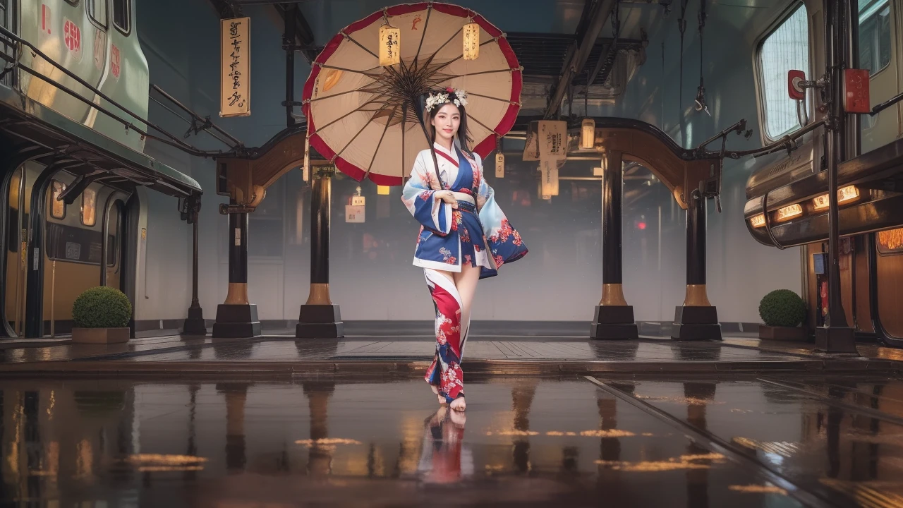 araffe dressed in a kimono, Japanese Goddess, wearing kimono, kimono, Glamorous and sexy geisha, wearing a kimono, wearing kimono armor, japanese kimono, anime girl Cosplay, classic kimono, Organic Enchantress, Cosplay photo, Onmyoji, wearing a light blue silk robe, pale and coloured kimono, Cosplay, gorgeous young , beautiful south , Korean Girls, beautiful young, (Cute Japanese Woman), korean female fashion model, Sexy Looks, Large Breasts, Sexy pose, Show off your breasts, Shiny, very dark brown hair, Big smile, cowboy shot, ((slit kimono:1.4)), ((Photographed with the front car of a train in the background:1.4)), noon,