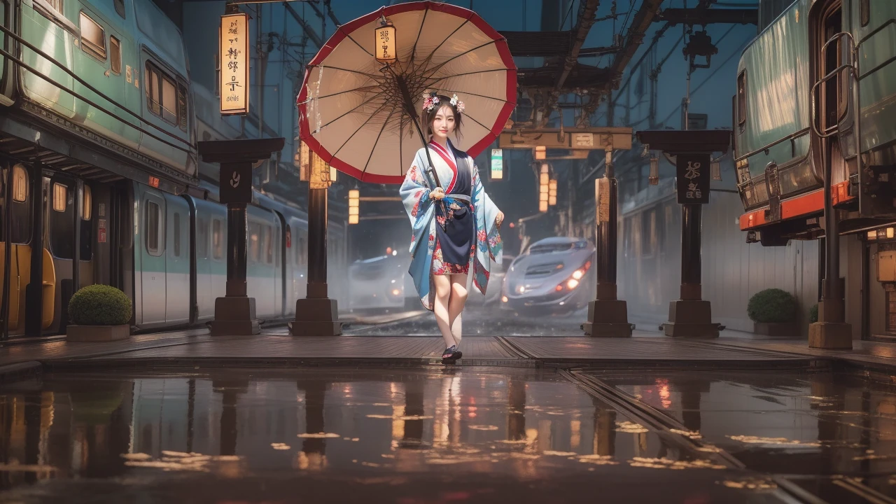 araffe dressed in a kimono, Japanese Goddess, wearing kimono, kimono, Glamorous and sexy geisha, wearing a kimono, wearing kimono armor, japanese kimono, anime girl Cosplay, classic kimono, Organic Enchantress, Cosplay photo, Onmyoji, wearing a light blue silk robe, pale and coloured kimono, Cosplay, gorgeous young , beautiful south , Korean Girls, beautiful young, (Cute Japanese Woman), korean female fashion model, Sexy Looks, Large Breasts, Sexy pose, Show off your breasts, Shiny, very dark brown hair, Big smile, cowboy shot, ((slit kimono:1.4)), ((Photographed with the front car of a train in the background:1.4)), noon,