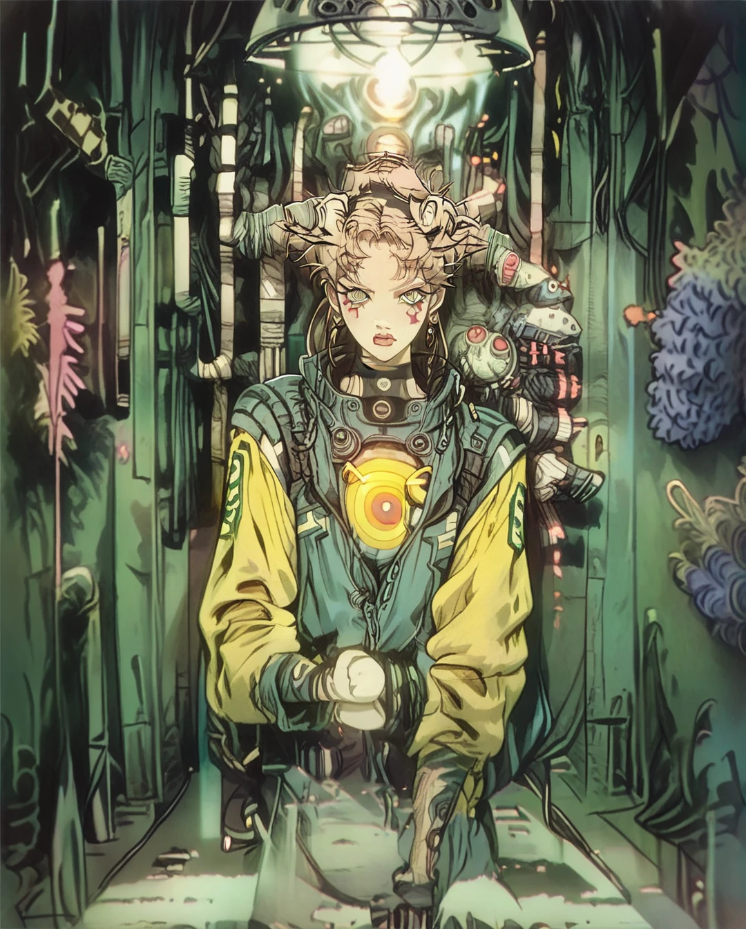 In a neon-lit cyberpunk space setting, a figure emerges clad in a sleek yellow jumpsuit, designed with a distinct art style reminiscent of Yoshiaki Kawajiri. The scene is portrayed in a vivid and elaborate digital painting, showcasing sharp edges and dynamic colors. The jumpsuit gleams with metallic sheen, accentuating the mysterious allure of the character. Every detail, from the sleek contours to the intricate patterns, contributes to the image's captivating and high-quality execution, drawing viewers into a futuristic world of intrigue and sophistication.