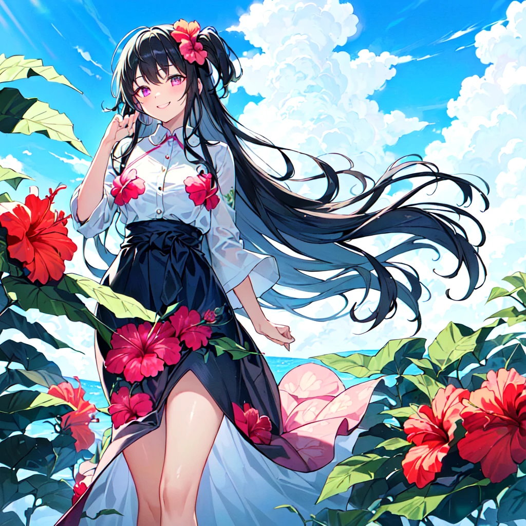 masterpiece, best quality, high quality, extremely detailed, very delicate and beautiful, (1 female 18 years old solo:1.5), (long black hair up to waist with two side up:1.5), bangs to eyebrows, eyes (eyes sharp and strong with glossy glossy eyes, eyebrows glossy, (eye color magenta:1.3), 6.5 head height, (long dress with hibiscus print:1.3), (standing), (smiling), (dynamic pose), (background tropical and hibiscus:1.3), (blue sky:1.3)