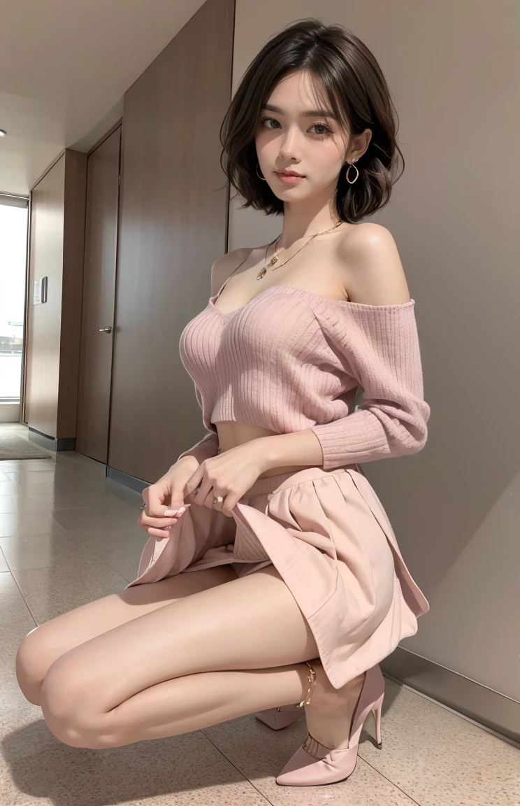 Highly detailed CG Unity 8k wallpaper, best quality, highly detailed, masterpiece, realistic, photo realistic, full body shot from a distance, highly detailed cute girl, 20 years old, ((doing a skirt lift by herself)), small pink string panties visible , panty focus, blush, lips parting Looking at viewer , pastel shoulder sweater, pastel pleated skirt, Japan, airport, wavy short hair ,thin legs, high heels, necklace, earrings ,