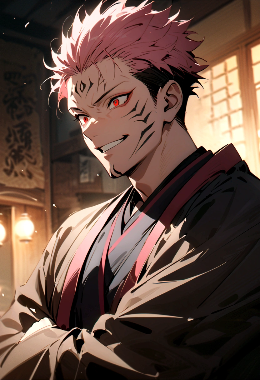 (masterpiece:1.3),(Highest quality:1.4),(Very detailedな:1.5),High resolution,Very detailed,8K,(1 male,sukuna ryoumen,JUJUTSU KAİSEN,Pink Hair)Double-sided Sukuna,（The costume is a kimono、Wearing a black haori）hell、Laugh fearlessly、Red Eyes