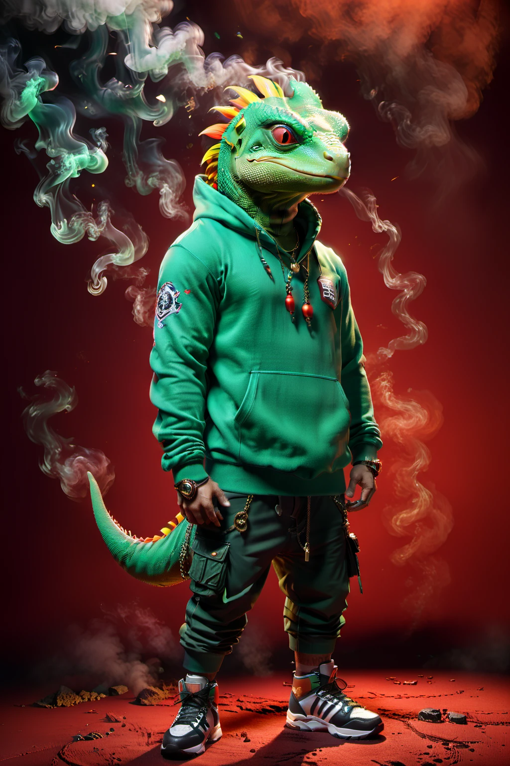 So you can edit it later、An anthropomorphic green lizard wearing a green hoodie with a space above its head and flashy colorful accessories, posing in a unique way, with a rugged, muscular figure, and a mysterious smoke on a red background.、A mysterious green light pierces it. The light also shines on the character, making it clearly visible. Create an image with this composition according to the following rules.。
High resolution textures、Texture、Realなディテール、
The background is dark、Mysterious and、There is a good atmosphere、Dramatic lighting and high contrast images、Extremely high resolution to create photo-realistic card game patterns。
The design will be surrounded by a border、80 from the center of the space so that the character is not hidden%Please。
Use indirect lighting and textured backgroundake the central character stand out。
Full body portrait、Dynamic pose。
にかくテクスチャがRealで細かいファッションの服。
Fashionable sneakers、boots、Sandals、hat、Smoke Accessories Necklace、Earrings、ring、bandana car、bike、Tattoos etc.、Choose according to your outfit and mood。
Real、8K
(masterpiece、Highest quality、high detail、超Real:1.2)、
Anthropomorphic animals、Full body portrait
(Photorealistic:1.4), Cinematic lighting, 8K UHD、
Professional Photography、
(詳細な毛皮のTexture:1.3), Expressive eyes、
Designer clothing、Luxury Brands、
(Perfect tailoring:1.2), High Fashion Accessor
Moody atmosphere、Dramatic Shadows、
High contrast lighting、Depth of written boundary、
Film Grain、Color Grading、
(Color Palette:1.3)、(Calm earth colors:1.2)、
(Rich Brown:1.1)、(Deep Gray:1.1)、(subtle gold accents:1.0)、
(warm color:1.1)、(Color harmony:1.2)、
(Soft diffused lighting:1.2)、(Rim lighting:1.1)、
(Volumetric Lighting:1.0), (Ambient Occlusion:1.1)