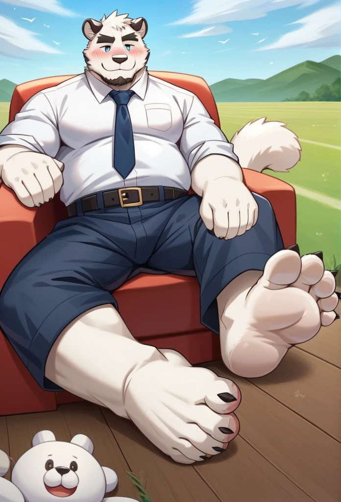 NJ5furry,tiger，New Jersey 5 Furry，shark，((Lying on a chair))，((Put your feet up on the rock)), (place stinky feet on grass),((stinky foot focus))，Fleshy soles of stinky feet，Solitary，Chubby，Fat，Thick arms，Rugged muscles，(White plush fur)，Chubby脸，Black eyebrows，Sky blue eyes，（Beard），(White shirt，tie，Belt Pants)， high quality,4K,artwork,Very detailed,real，(oily)，blush，Smirk  ,by zixiong, Takemoto Arashi