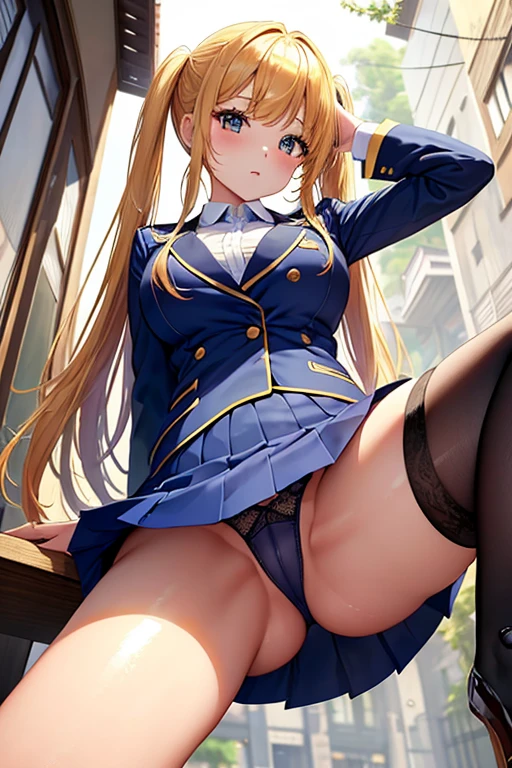 (((Spread your legs)))、((Shiny underwear)))、Uniform Blazer、Beautiful beauty、Long golden hair、((whole body))、(((Photo taken from below)))、school gate、Large Breastini skirt、Panties are blue lace、Japanese、expensive、Long limbs、Hairstyle Twin tails