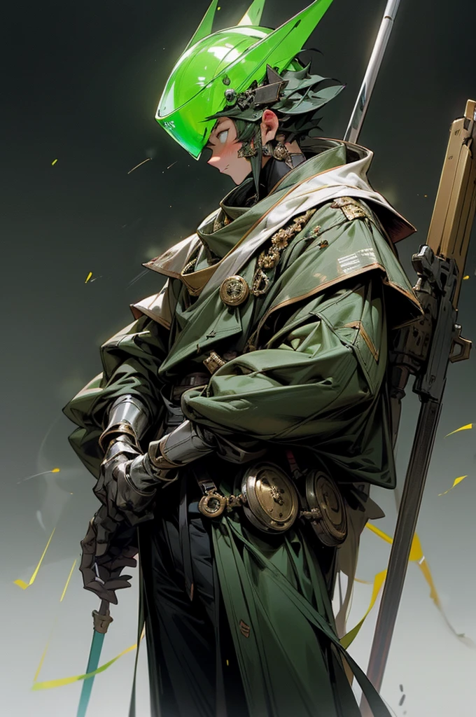 TH30 - Mecha Costume, which designed in style of old knights in Middle Ages. He has a pattern of silver and gold colours on his plates, while also his visors completely covers user's face and blink with the green lights inside of the helmet. Little holes around the costume produce little tongues of fire around his wrists and legs, ready to burst out for a flight command or a flame attack. He also has a pattern of the little green transparent lines behind his back, representing clothing's familiar to the long thin jackets.
