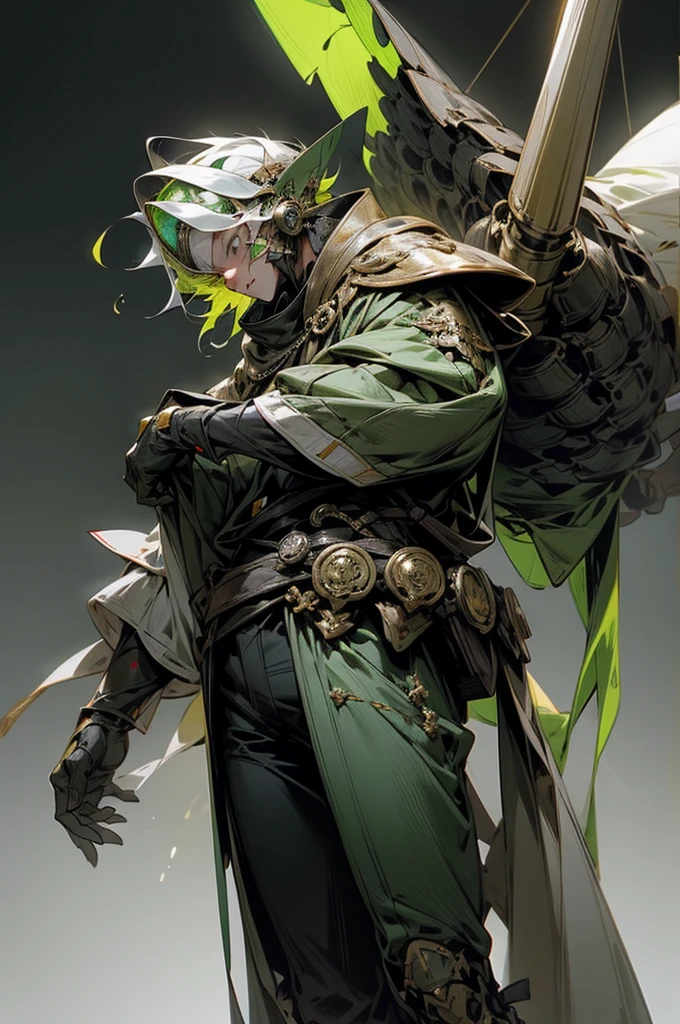 TH30 - Mecha Costume, which designed in style of old knights in Middle Ages. He has a pattern of silver and gold colours on his plates, while also his visors completely covers user's face and blink with the green lights inside of the helmet. Little holes around the costume produce little tongues of fire around his wrists and legs, ready to burst out for a flight command or a flame attack. He also has a pattern of the little green transparent lines behind his back, representing clothing's familiar to the long thin jackets.