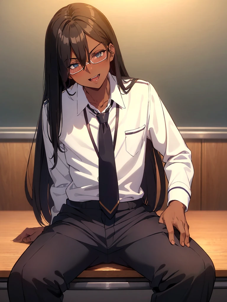 (1 feminine boy solo),(dark skin:1.5),(masterpiece:1.2), highest quality, High resolution, unity 8k wallpaper, (fine and beautiful eyes:1.6), highly detailed face, perfect lighting, Detailed CG, (perfect hands, perfect anatomy),20 years old, (black hair:1.3), detailed eyes, best quality, extremely detailed, very precise detailed, (glasses:1.4),  (open mouth:1.2), (straight hair:1.5), (evil smile:1.4) ,long sidelocks, (blush:1.3),(sit on desk:1.3),(Put left knee in front:1.5),(boy's school uniform long pant:1.5),(loosen necktie:1.2),spread legs,bend knee,(open shirt:1.3),(hair over one eye:1.3)